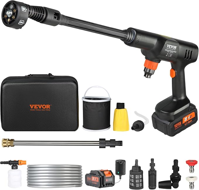 VEVOR Cordless Pressure Washer, 652PSI 1.0GPM BRUSHLESS Motor Rechargeable 4.0Ah Battery Powered, Handheld High-Pressure Car Washer Gun with Charger, 6-in-1 Nozzle for Home/Floor Cleaning & Watering