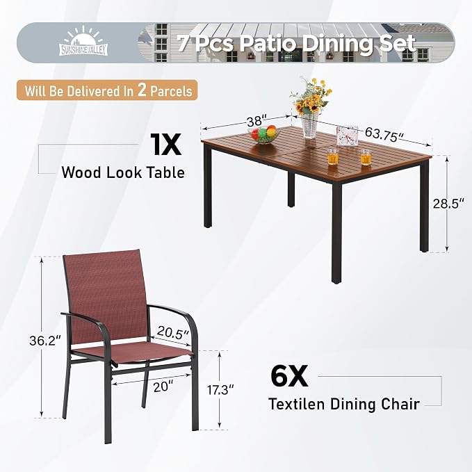 SUNSHINE VALLEY 7 Piece Outdoor Dining Set, Rectangular Wood-Like Table with Umbrella Hole, Patio Dining Set for Outdoor Kitchen Lawn Garden, Backyard, Deck