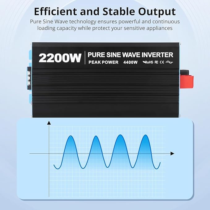 Power Inverter 2200 Watt Pure Sine Wave 12V DC to 110V/120V AC 4400W Peak Converter for Family RV Off Grid Solar System with 2 AC Outlets LCD Display Remote Control and 2.4A USB Charging Port