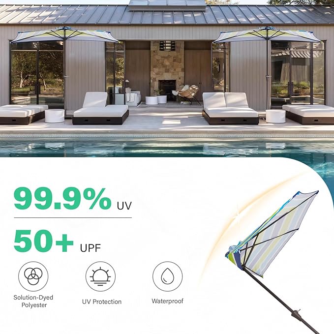 JEAREY 9ft Half Umbrella Outdoor Patio Umbrella Market Umbrellas with Crank, 1/2 Round Wall Umbrella 5 Sturdy Ribs UV Protection for Pool Garden Balcony Deck, Blue & Green Strip