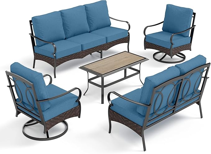 PHI VILLA Outdoor Modern Patio Furniture Set, Upgraded Wicker & Metal Patio Conversation Set with Waterproof Thick Cushions for Porch, Poolside, Yard(5 Pieces,Navy)