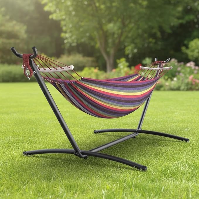 Double Hammock with Steel Stand, Outdoor Portable Hammocks Accommodates with 450Lb Capacity 2 People& Portable Carry Bag for Outside Camping Garden Yard,Rainbow