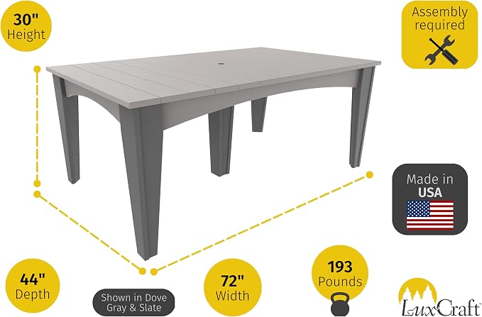 LuxCraft Poly Island Dining Table, 44" x 72" Rectangular Outdoor Patio Table, Made with Recycled Plastics, Made in USA (Weatherwood & Black)