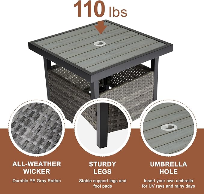 Outdoor Wicker Side Table with Umbrella Hole & Storage Space, Square PE Rattan End Table for Patio Garden Poolside Deck