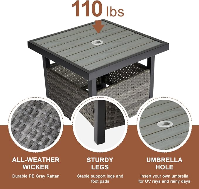 VINGLI Outdoor Side Table with Umbrella Hole Wicker Patio Umbrella Table, Wicker Side Table End Table for Balcony Porch Deck