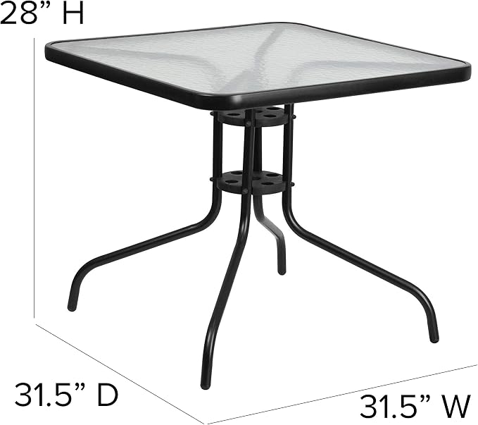 Flash Furniture Brazos Series 5-Piece Glass Patio Table and Chairs Set, Outdoor Patio Dining Set with Square Table and 4 Sling Patio Chairs, Black