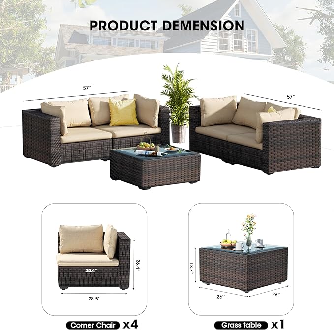 Patio Furniture Set 5 Piece All Weather PE Rattan Outdoor Sectional Sofa Couch with 4 x arm Sofa, No-Slip Cushions and Glass Top Table for Garden, Poolside, Backyard (Beige)
