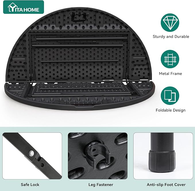 YITAHOME 48 Inch Round Folding Table for Outdoor/Indoor, Heavy Duty Folding Plastic Table w/Thick Table Top and Sturdy Metal Frame, Ideal for Party Picnic Camping BBQ Events, Black