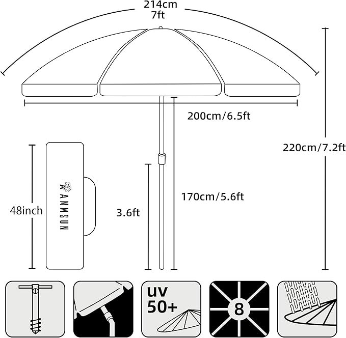 AMMSUN 7ft Heavy Duty High Wind Beach Umbrella with Sand Anchor & Tilt Sun Shelter UV 50+ Protection Outdoor Sunshade Umbrellas Carry Bag for Patio Garden Pool Backyard Teal