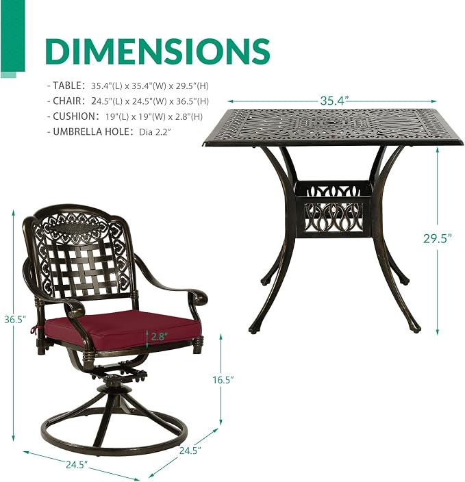 VIVIJASON 5-Piece Outdoor Patio Dining Set, All-Weather Cast Aluminum Conversation Set for Balcony, Patio Furniture Set Include 4 Swivel Cushioned Chairs, 1 Square Table w/Umbrella Hole, Red Cushion