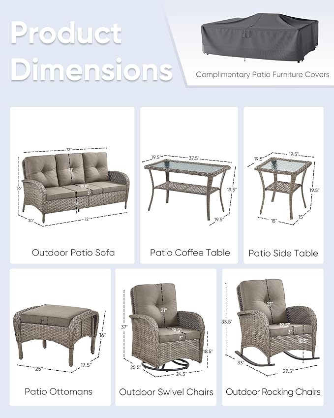 10-Piece Patio Furniture Set-Patio Rocking Chairs Set of 4 Outdoor Rattan Sofa Sets with Coffee Table Outdoor Patio Furniture Sets for Deck Porch Garden Balcony Poolside-Grey/Grey