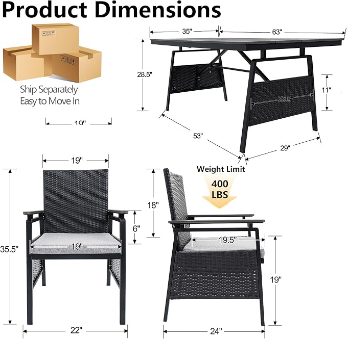 7 Piece Patio Dining Set, Outdoor Dining Table Set for 6, Aluminum Outdoor Dining Sets with Removable Cushions, Space Saving Rectangular Dining Table and Patio Chairs for Balcony/Deck, Black