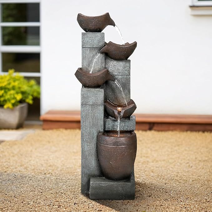 SunJet 5-Tier Modern Water Fountain, Outdoor/Indoor Resin Water Fountains with Soothing Water Sounds & Warm LED Light, Perfect for Garden, Patio, Home & Office, 13.7" L x 13.3" W x 39.7" H