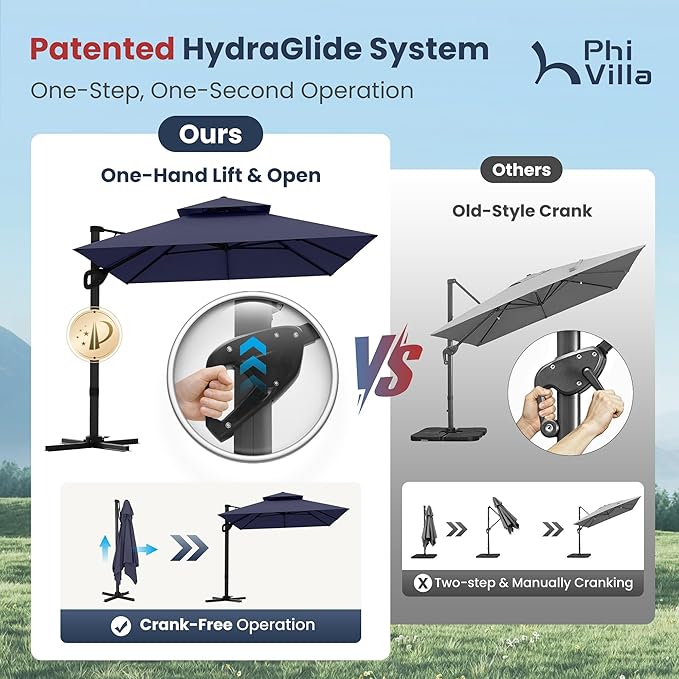 PHI VILLA 9x12 Cantilever Patio Umbrella with Base, Double Top Large Rectangular Umbrella, Heavy Duty 360° Rotation Hydraulic Outdoor Sun Umbrella Windproof for Pool, Garden, Navy Blue