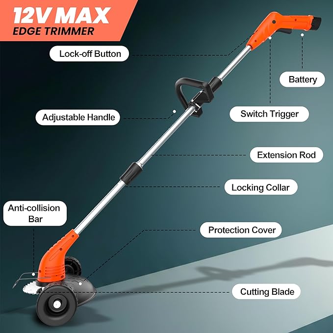 Cordless Weed Wacker, Grass Trimmer with 3 Types Blades and 2.0Ah Li-Ion Battery Powered,12V Electric Weed Trimmer/Edger for Garden Yard Work and Lawn Care（Orange）