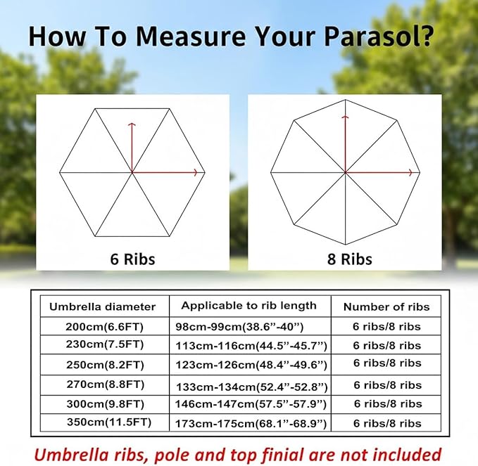 Outdoor Umbrella Replacement Canopy, 6 Ribs 8 Ribs Patio Umbrella Replacement Top Cover, 6.6ft 9 ft 10ft 13ft Waterproof Umbrella Top Canopy Fabric Replacement Canvas(Beige,7FT 6-Ribs)