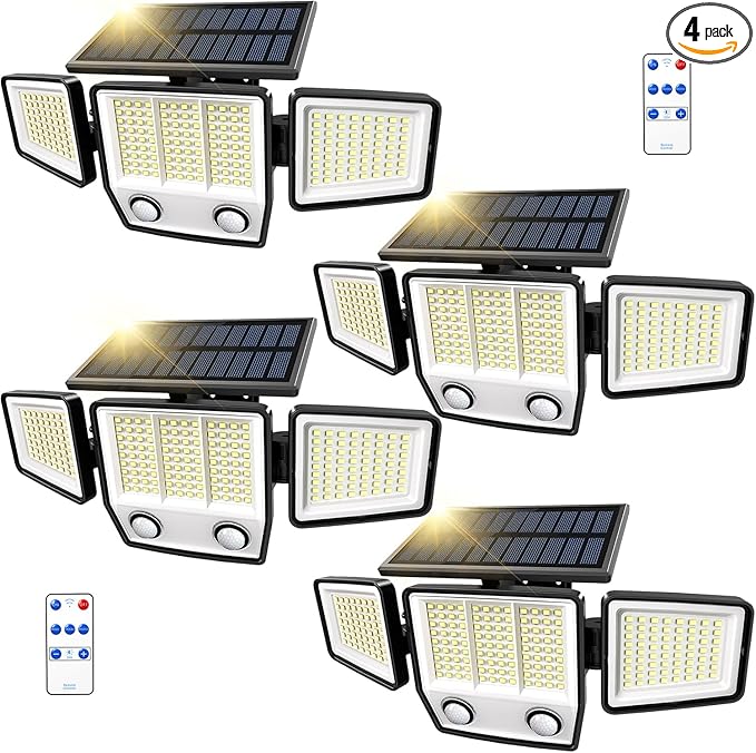 Solar Motion Sensor Outdoor Lights Waterproof - 3000LM 3 Modes Security Lights Outdoor 270° Illumination IP65 LED Solar Flood Wall Light for Garden Yard Patio Pathway (With ‎Remote Control, 4)