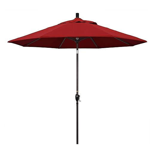 California Umbrella 9' Round Aluminum Patio Umbrella, Crank Lift, Push Button Tilt, Bronze Pole, 4-Year Non-Fading Fabric, Red
