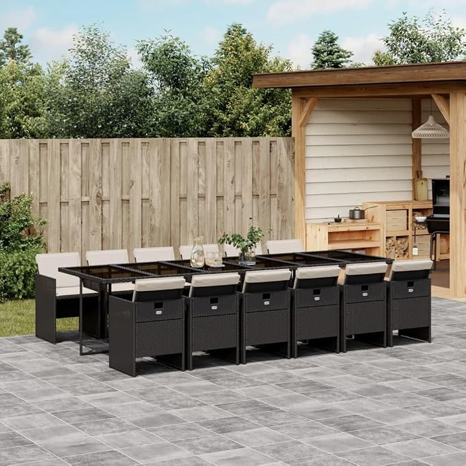 13 Piece Patio Dining Set with Cushions Black Poly Rattan Outdoor Garden Table and 12 Folding Chairs with Cream White Padded Seat Cushions for Backyard Porch Poolside Entertaining