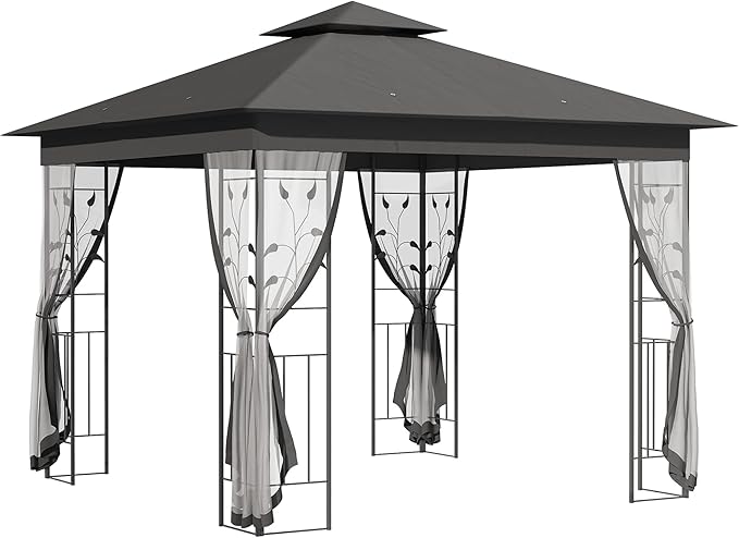Outsunny 10' x 10' Metal Patio Gazebo, Double Roof Outdoor Gazebo Canopy Shelter with Tree Motifs Corner Frame and Netting, for Garden, Lawn, Backyard, and Deck, Gray
