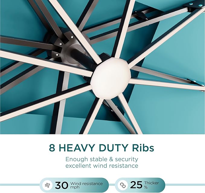 10' X 13' Patio Umbrella with Weighted Base and LED Lights Outdoor Cantilever Large Rectangle Offset Umbrellas Heavy Duty Aluminum Double Top with 360-degree Rotation for Pool Garden Deck, Turquoise