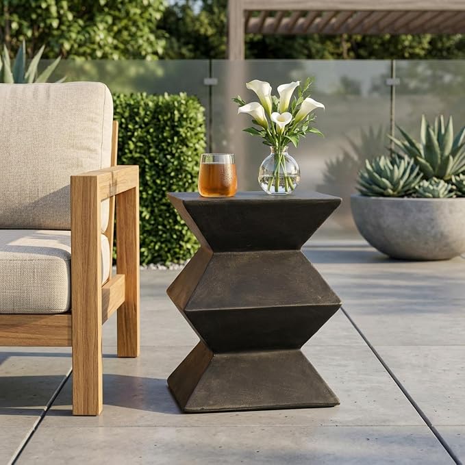 Outdoor Lightweight Concrete Side Table, MGO End Table with Geometric Pedestal Design, 15.5"x15.5"x20" Modern Patio Accent Table for Garden, Balcony, Living Room, Copper
