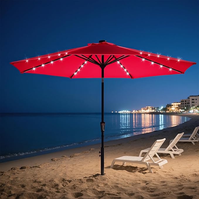 DUMOS LED Outdoor Patio Umbrella 10 FT UV-Resistant Market Umbrella with Tilt Adjustment & Crank Lift, All-Weather Shade for Backyard, Deck, Garden, Beach