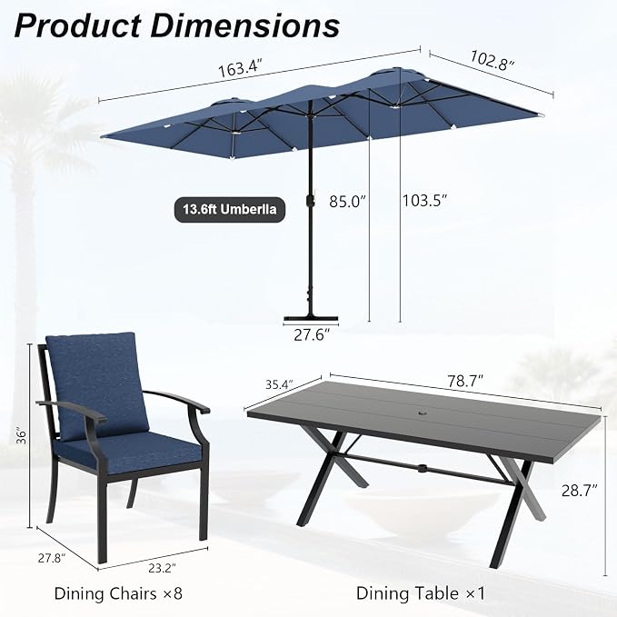 10 Piece Outdoor Dining Set for 8, Patio Table and Chairs Set with Umbrella, Metal Patio Furniture Set with 8 Stackable Chairs, Outdoor Table and Chairs with Cushions for Lawn, Garden, Yard-Navy