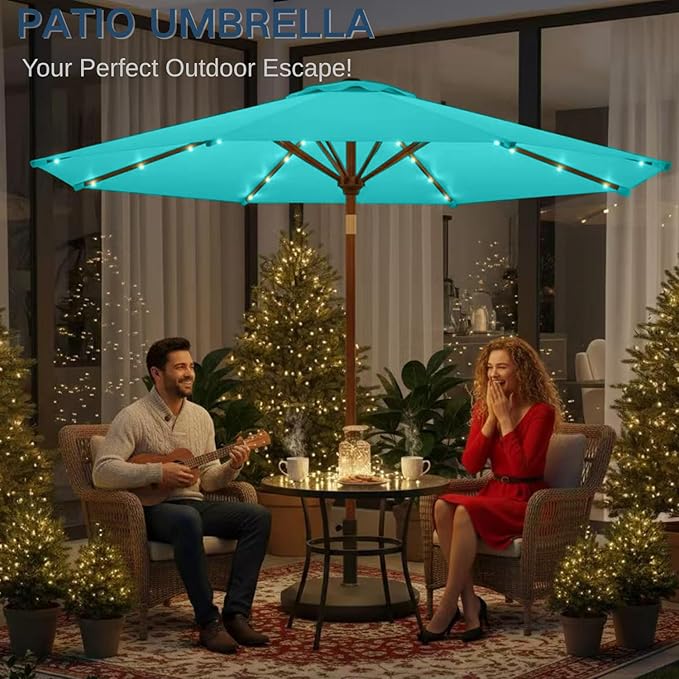 9' Solar LED Patio Umbrella with Tilt & Crank|8 Sturdy Ribs,UV Protection,Outdoor Market Table Umbrella for Deck,Lawn,Pool,Backyard(Peacock Blue)