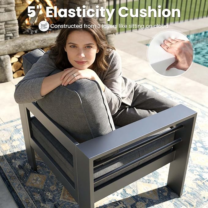 5 Pieces Modern Aluminum Patio Furniture Set, Outdoor Conversation Sets Metal Sectional Sofa with Coffee Table