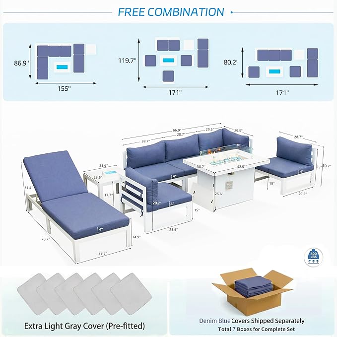 NICESOUL 8 Piece Extra Large Luxury Aluminum Outdoor Sectional Sofa with Lounger, All Weather Modular Patio Furniture Set for 6 People, 500 lbs Heavy Duty Conversation Couch for Poolside, Denim Blue