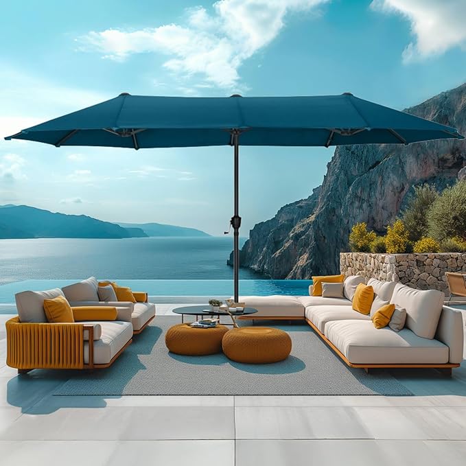 MFSTUDIO 13ft Outdoor Patio Umbrella, Double Sided Large Rectangular Umbrella Market Table Twin Triple Rectangle Umbrellas with Crank Handle for Outside Picnic Backyard Deck Pool (no base)