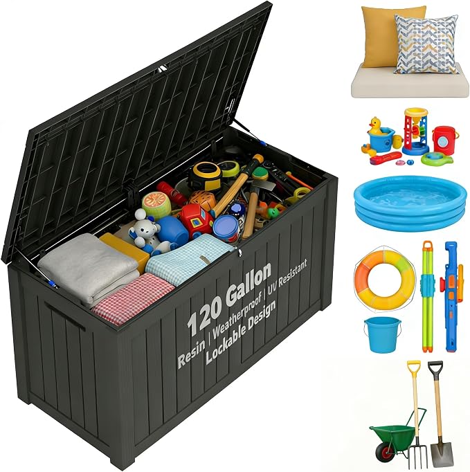 FEFLO 120 Gallon Waterproof Resin Deck Box, Heavy-Duty Outdoor Storage Box | Lockable Lid & UV-Resistant Patio Storage Chest for Garden Tools, Pool Accessories, Package Delivery, Toys, Furniture
