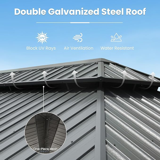 Domi 10’x12’ Hardtop Gazebo with Gutters, Outdoor Metal Gazebo for Patios with Galvanized Steel Double Roof, Heavy Duty Curtains and Netting Included, Pergola for Backyard, Garden Lawn, Deck, Grey
