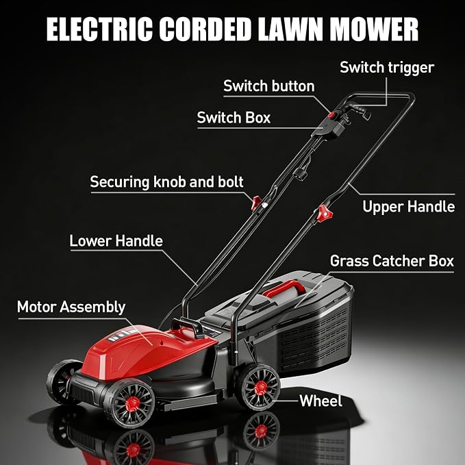 MECHOS 120V Electric Lawn Mower，1050W Corded Yard Power Rake Tool Machine for Grass Thatch Removal (Electric Corded Lawn Mower)