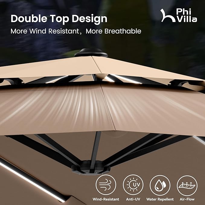 PHI VILLA 13ft Patio Umbrella with 120 PCS Solar-Powered LED Color-Changing Lights, 2-Tier Double-Sided Large Rectanglular Umbrella with Base Included, Beige&Tan