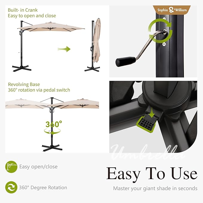 Sophia & William Cantilever Patio Umbrella 9x12ft, Large Outdoor Umbrellas with Crank Handle, 6-Level Tilt,360° Rotation, Windproof, Crashproof, Design for Pool Garden Backyard (Beige)