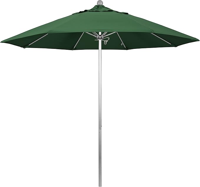 California Umbrella 9' Round Aluminum/Fiberglass Umbrella, Push Open, Silver Pole, Olefin Hunter Green