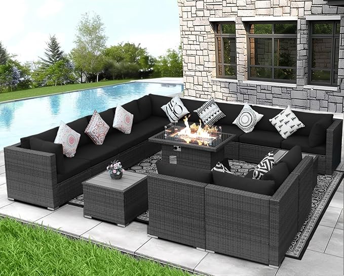 NICESOUL 15 Piece Outdoor Patio Furniture Set with Fire Pit, Extra Large Wide Outdoor Deep Seated Sectional, Cozy 29.3'' High-Back Modular Couch, 500 Lbs High Weight Capacity Wicker Sofa, Gray & Black
