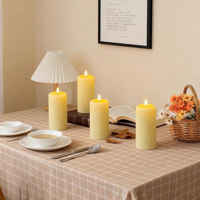 Lezonic 4pcs Flameless Candles with Remote, Battery Operated LED Candles Ivory Plastic, Flickering Electric Pillar Candles Realistic Drip Wax Effect for Home, Wedding, Christmas Party(Not Waterproof)