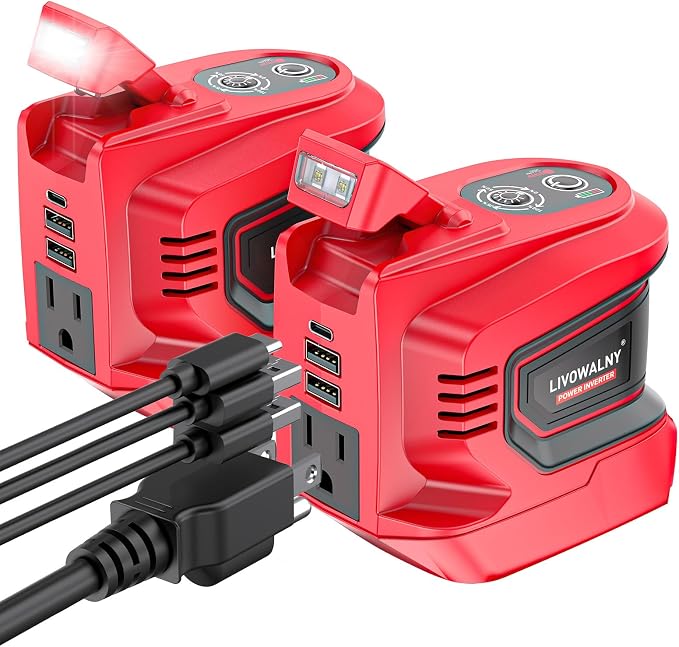 2 Packs Power Inverter Compatible with Milwaukee 18V, LIVOWALNY Real 200W Battery Inverter 18V to 110V, Power Adapter Charger Adapter Power Station Power Supply 2 USB-A & 1 Type-C & 1 AC (No Battery)