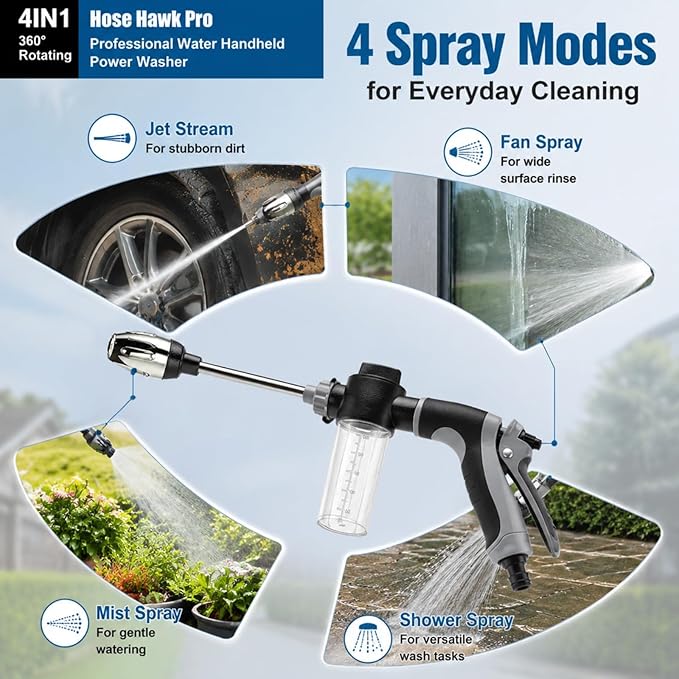 Hose Hawk Pro Pressure Washer Gun Professional Water Handheld Power Washer Gun with 360° Rotating Nozzless, 4 Spray Modes Multi Function for Cleaning Yard Car Driveways (SetA)