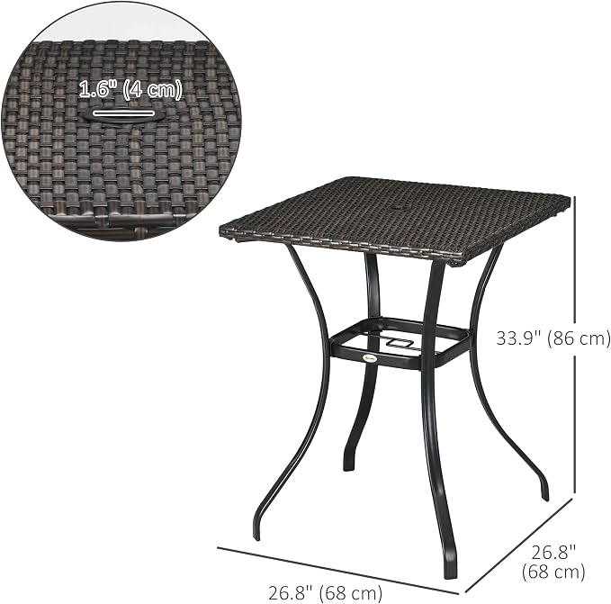 Outsunny Patio Wicker Dining Table with Umbrella Hole, 34 Inch Outdoor PE Rattan Coffee Table with Plastic Board Under The Woven Table Top for Patio, Garden, Balcony, Mixed Brown