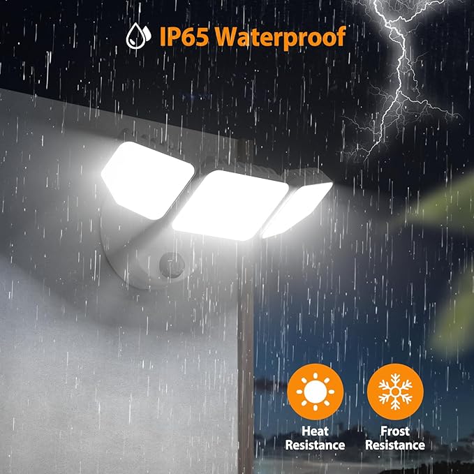 65W Dusk to Dawn Flood Lights Outdoor, 6500LM LED Outdoor Light, IP65 Waterproof, 6500K Daylight, 3 Adjustable Heads LED Security Light with Photocell for Yard Garage Porch White