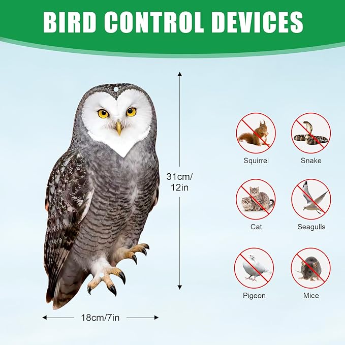 Owls to Keep Birds Away: 2Pcs Fake Owl with Reflective Tape for Orchard Garden Patio Pool, Reflective Hanging Decoration to Keep Birds Pigeon from Windows Tree Vineyard