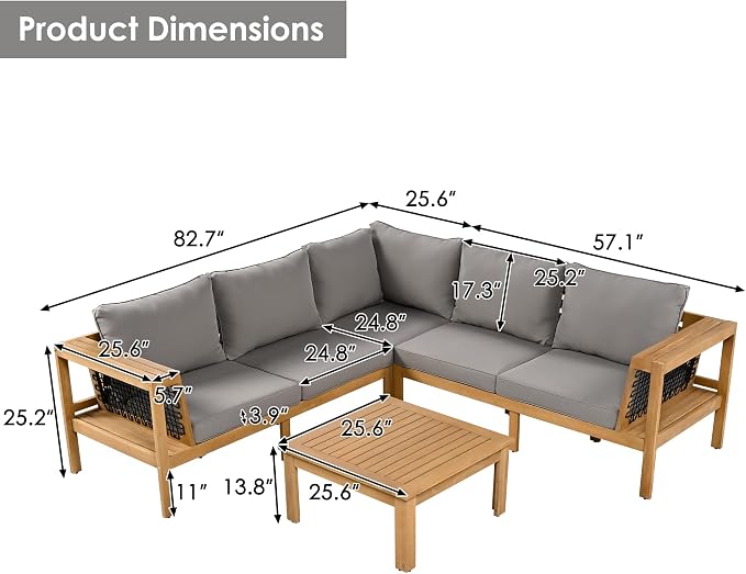 4 Piece Patio Seating Set, L-Shaped Patio Acacia Wood Sofa Set with Coffee Table, Woven Mesh Armrests, Outdoor Conversation Set with Cushions and Side Table, Gray+Natural