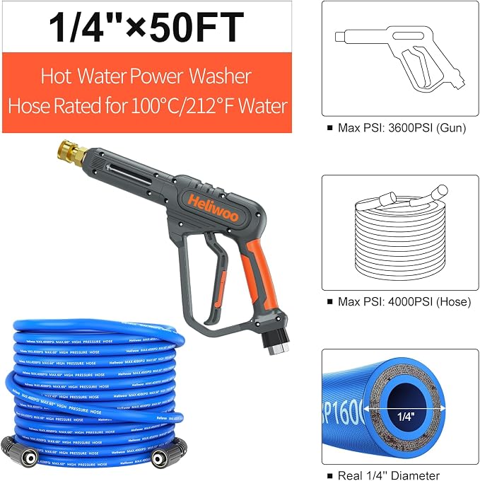 Pressure Washer Gun with Foam Cannon & 50ft Power Washer Hose, 3600PSI Pressure Washing Kit with 15" Extension Wand & 7 Nozzle Tips, 3/8'' Quick Connector & M22 15mm/14mm Fittings