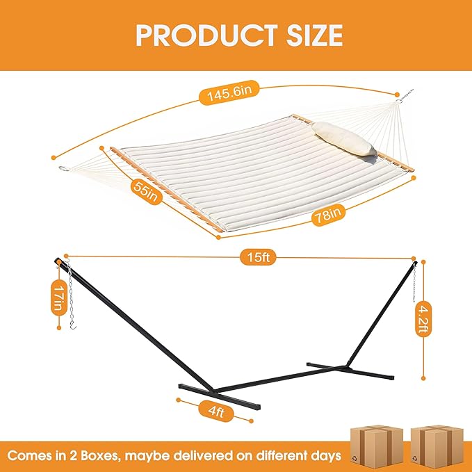 Lazy Daze Hammocks Double Quilted Hammock with Stand for Outside, 15 FT Heavy Duty Steel Stand, 2 Person Hammock for Porch Patio Garden Backyard, Max 450 lbs Capacity, Cream