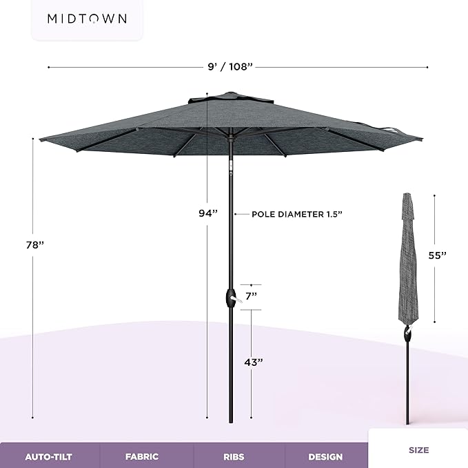 Midtown Umbrellas – The Lean 9 Ft Patio Umbrella with 10-Year-No-Fade Acrylast Acrylic Fabric, Auto-Tilt and 8 Reinforced Ribs for Deck, Pool, Garden, Hotel & Cafes – Stonecast Grey Canopy, Black Pole