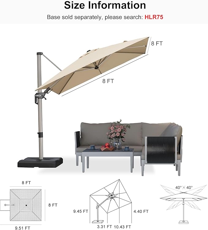 PURPLE LEAF 8' X 8' Left-right Tilting Patio Umbrella Outdoor Swivel Cantilever Umbrella Aluminum Offset Umbrella with Champagne Frame and 360-degree Rotation for Garden Deck Pool, Beige